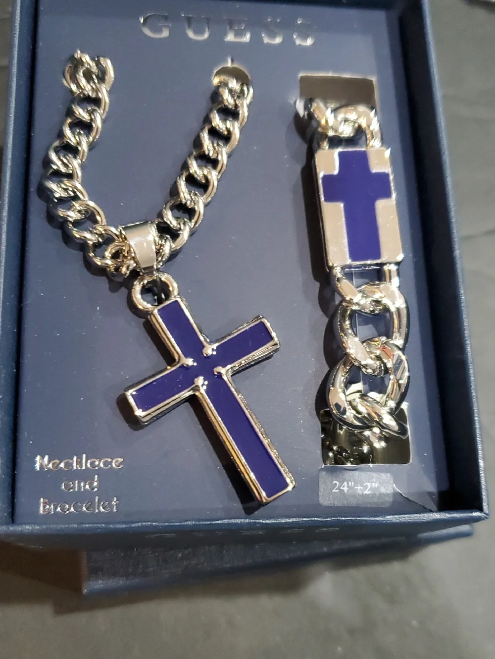 Guess men's silver chainlink navy‎ Christian cross pendant necklace bracelet set
